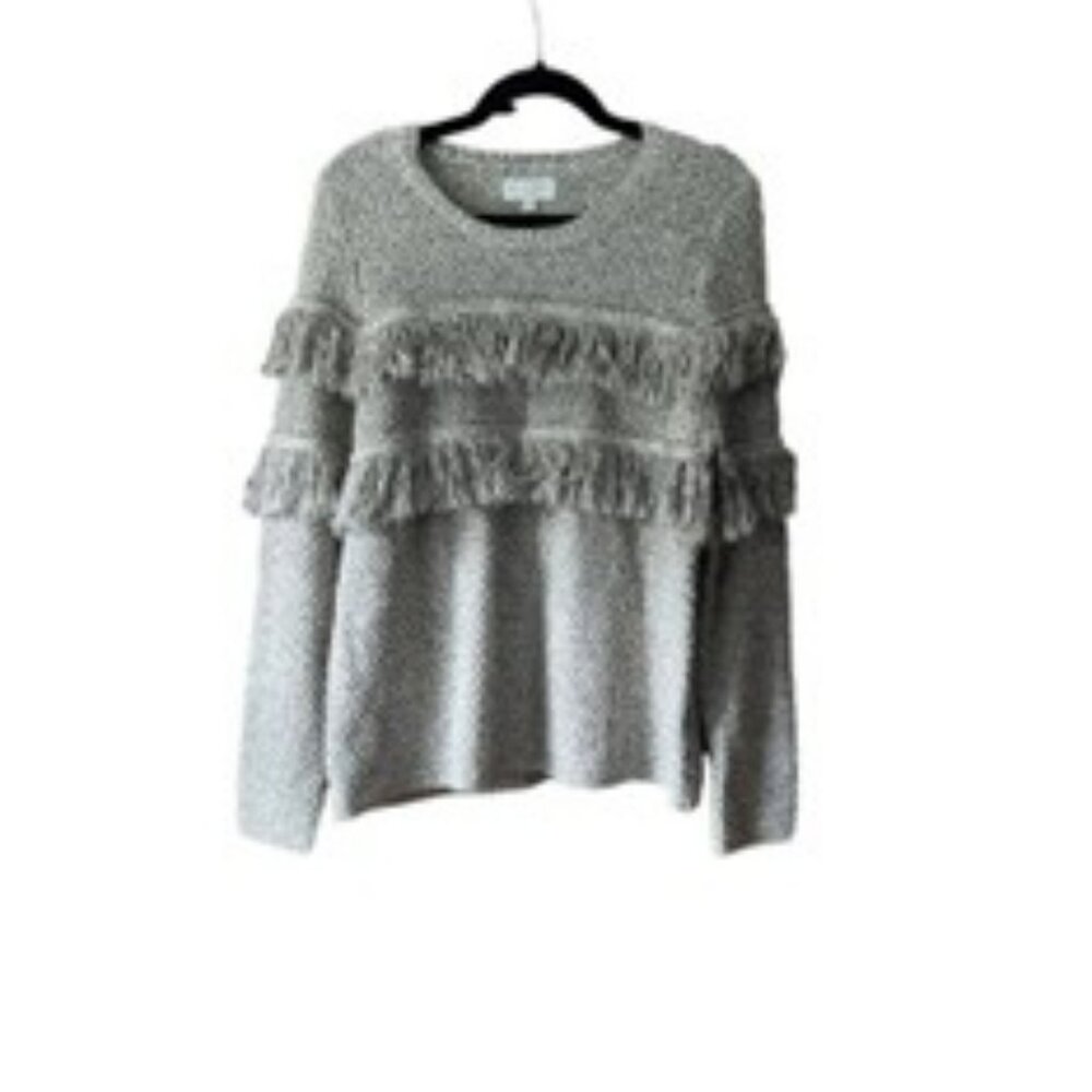 Mudpie Women's Crewneck Pullover Fringe Sweater Long Sleeve Gray White Size M